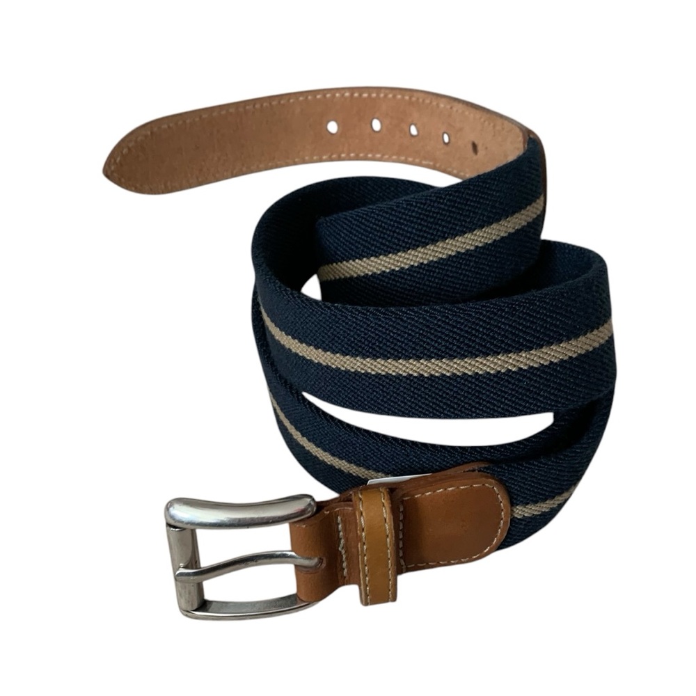 VINTAGE L.L. BEAN CLASSIC CANVAS LEATHER BELT ( MENS 44 ) NAVY KHAKI STRIPED